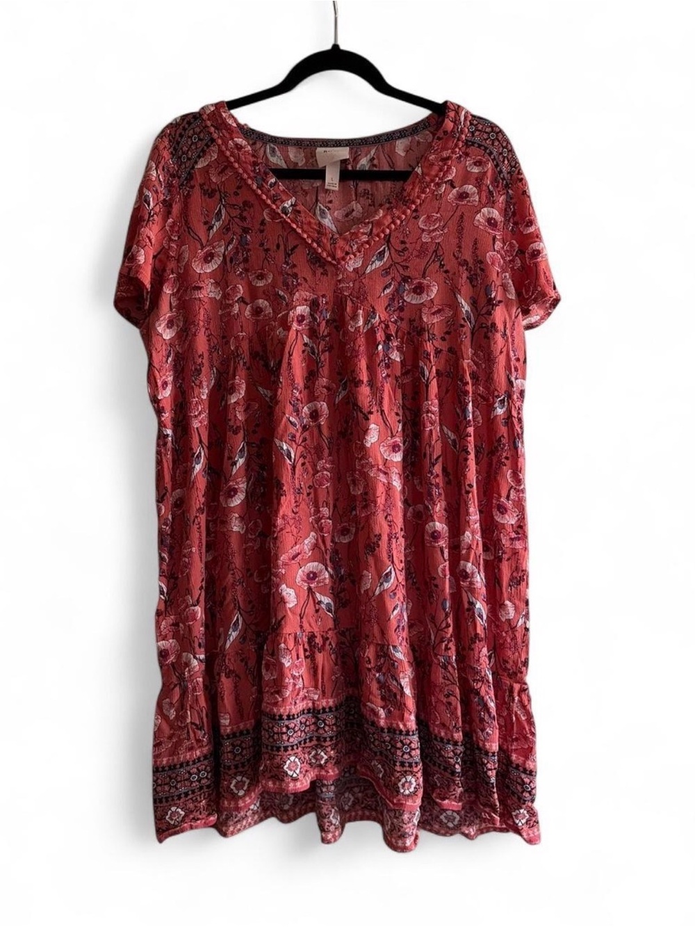Knox Rose Floral V-Neck RedShort Sleeve Dress Size Large